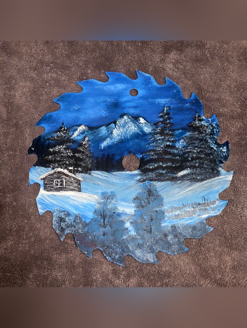 Hand-Painted Winter Mountain Scene on Vintage Saw Blade 7" Rustic
